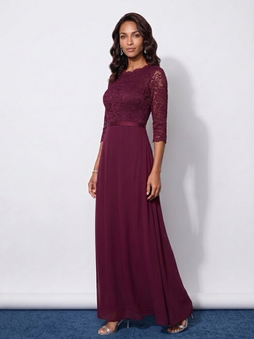 Missmay Burgundy Lace Chiffon Maxi Dress Long Sleeve Formal Gown Size L NWT